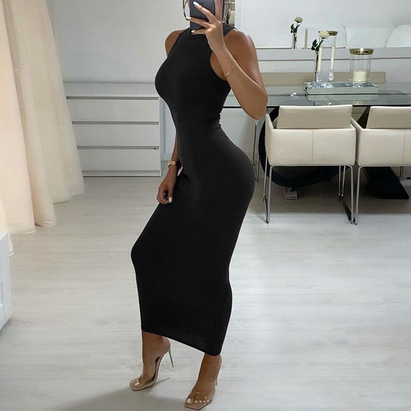 Women's Clothing new women's fashion round neck sleeveless temperament slim hip dress _mkmklike.com