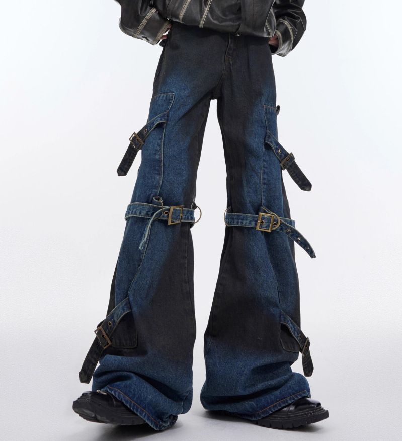Men's Clothing Retro Multi Pocket Overalls Men's Vibe Design Loose Straight Jeans Wide Leg Mopping Trousers Trendy_mkmklike.com