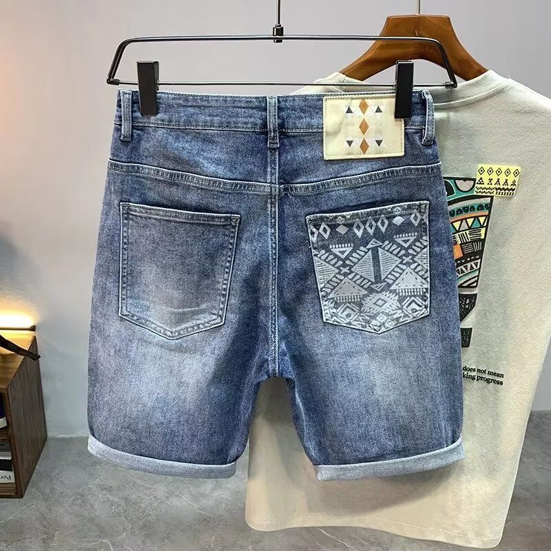 Men's Trendy Denim Shorts Summer Thin Ripped Embroidered Casual Riding Breeches Five Point Pants_mkmklike.com