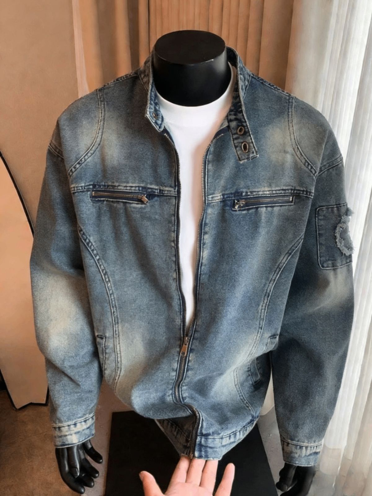 Men's Loose Fit Distressed Denim Jacket American High Street Style Casual Zip up Motorcycle Jacket Spring 2026 Washed_mkmklike.com