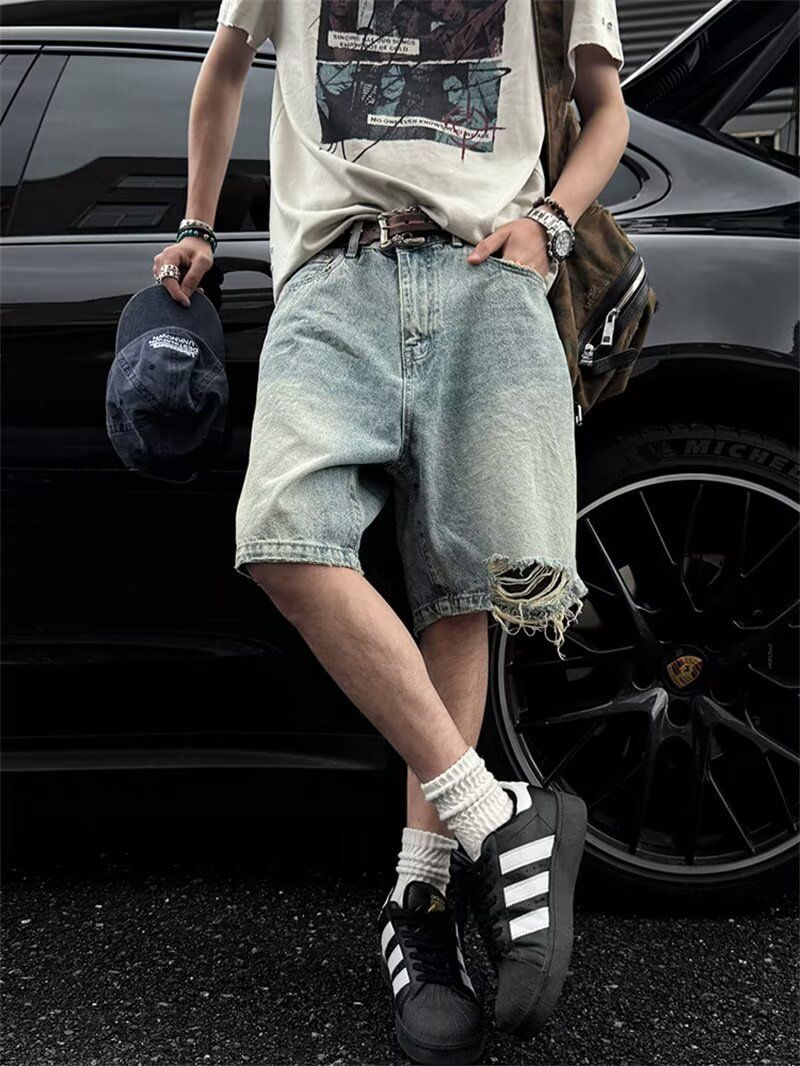 Men's Light Colored Distressed Loose Denim Shorts Summer American Style Ripped Casual Straight Leg Five Point Pants_mkmklike.com