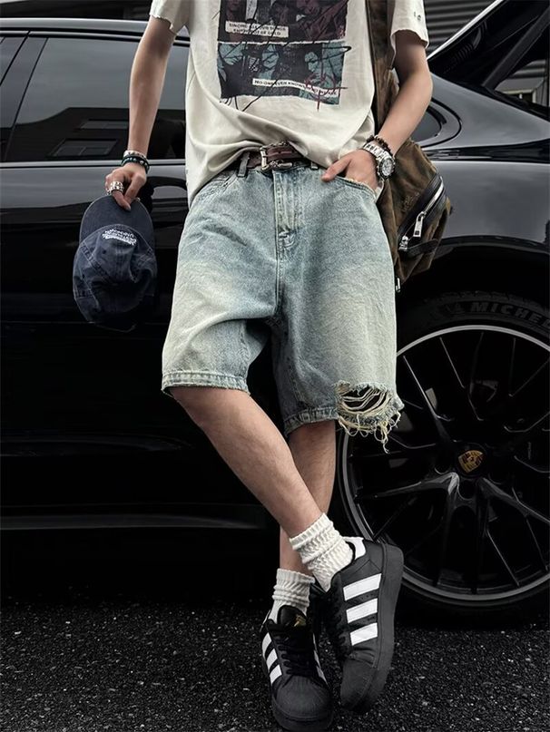 Men's Light Colored Distressed Loose Denim Shorts Summer American Style Ripped Casual Straight Leg Five Point Pants_mkmklike.com