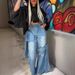 Women's High Waist Patch Pocket Jeans With Bow Tie Detail - Street Style Wide Leg Pants In Solid Blue_mkmklike.com