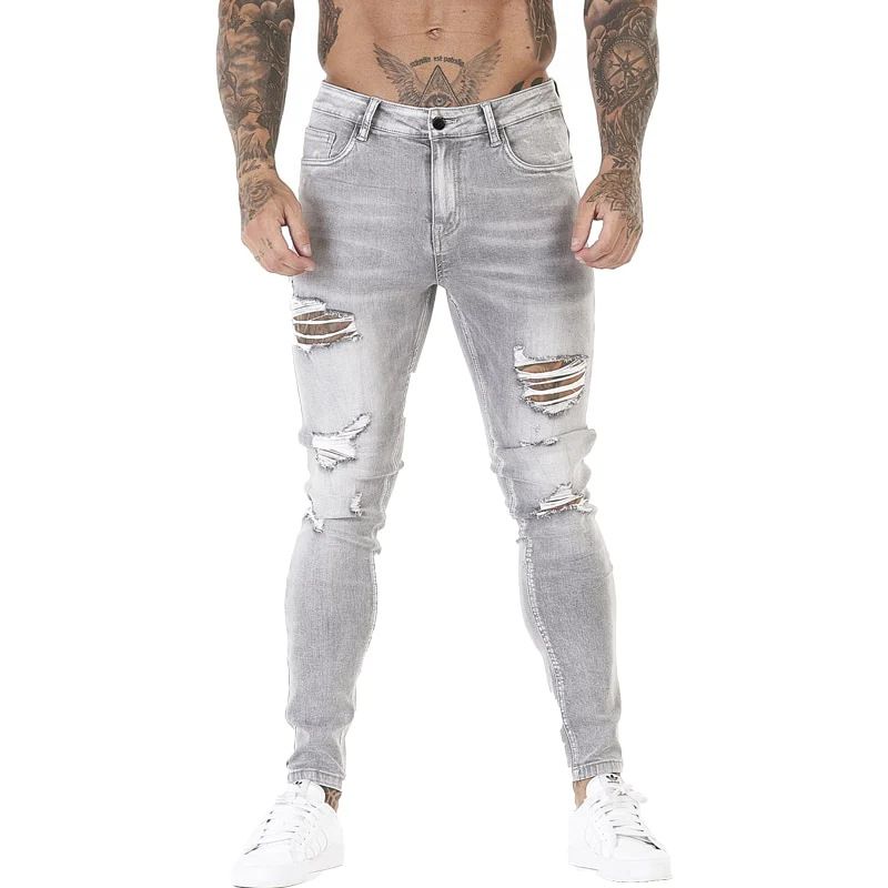 Men's Distressed Skinny Jeans Custom Made Rips Slightly Stretchy Slim Fit Denim_mkmklike.com