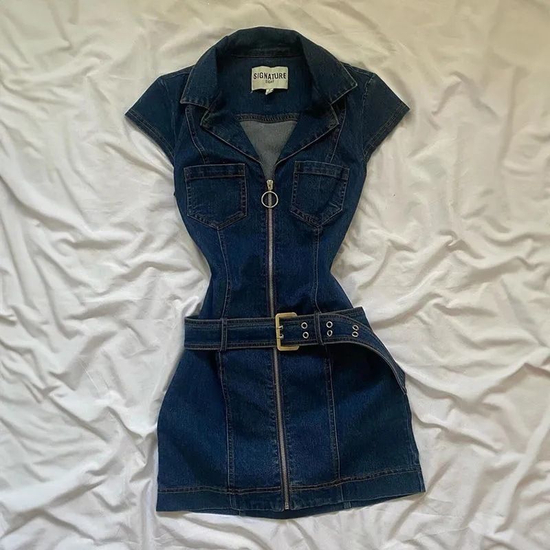 Spring And Summer New Spice Girl Retro Sleeveless Denim Dress Women's Niche Design Feeling Waist And Thin Slim Denim Skirt_mkmklike.com
