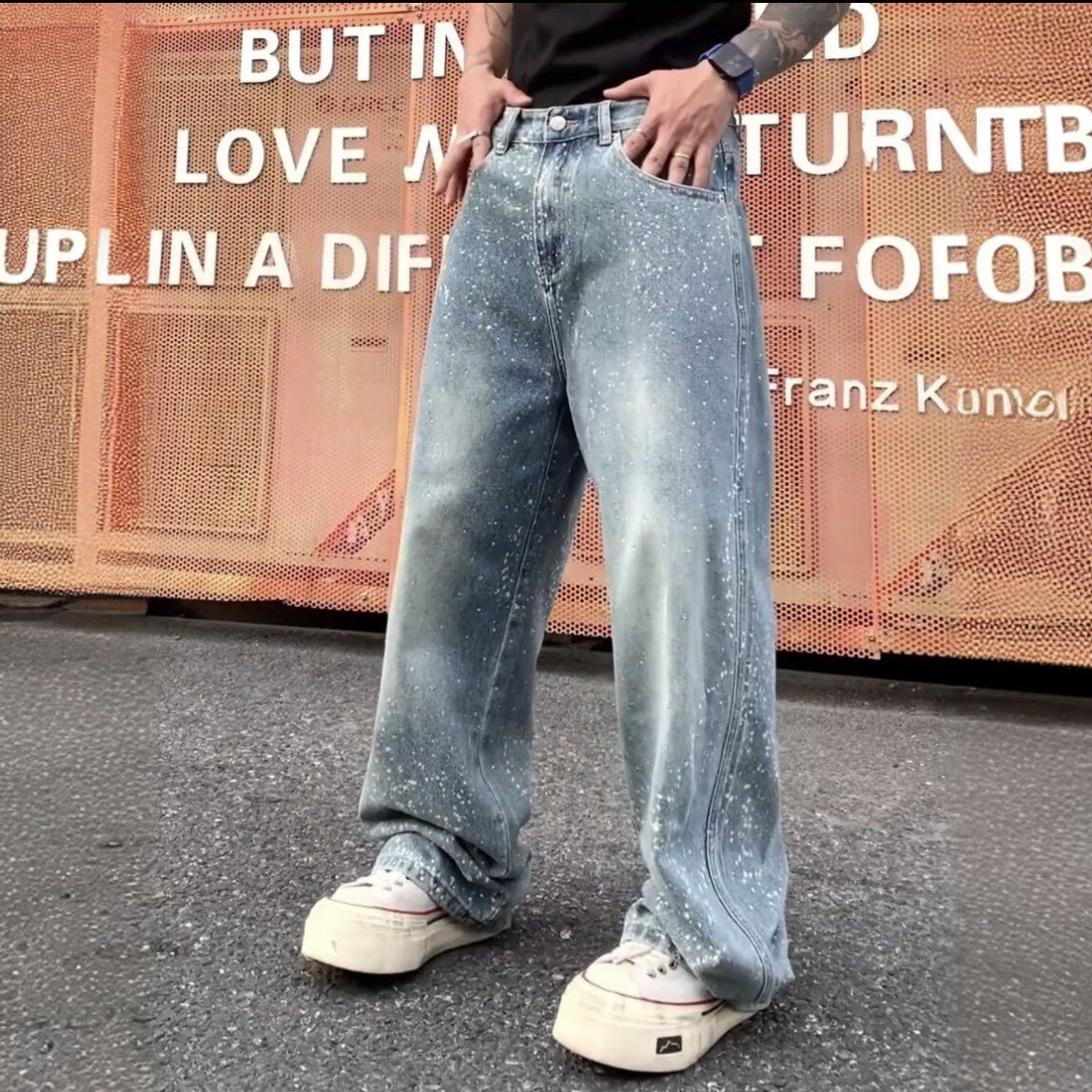 Men's Trendy Starry Rhinestone High-End Loose Straight Leg Denim Jeans Style Washed Trousers_mkmklike.com