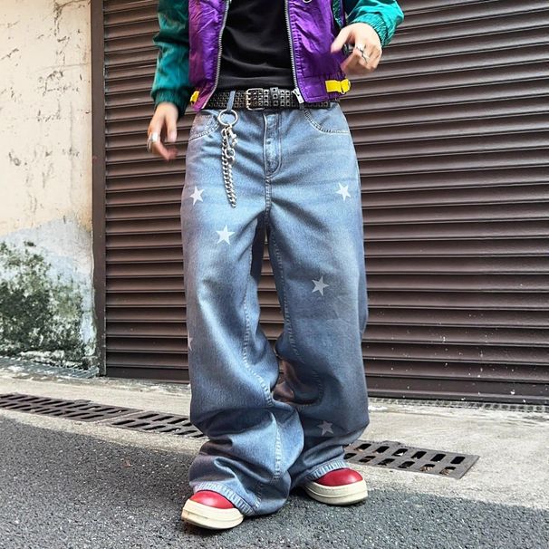 Women's Printed Star Denim Jeans - High Waist Wide Leg Straight Pants For Casual Streetwear_mkmklike.com