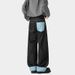 American Retro Washed Denim Jeans For Men, 2025 Summer New Style, Cuffed Plaid Patchwork, Loose Straight Casual Pants_mkmklike.com