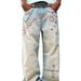 American High Street 3D Digital Print Candy Chain Distressed Curved Blade Jeans, Unisex Straight Leg Casual Pants._mkmklike.com