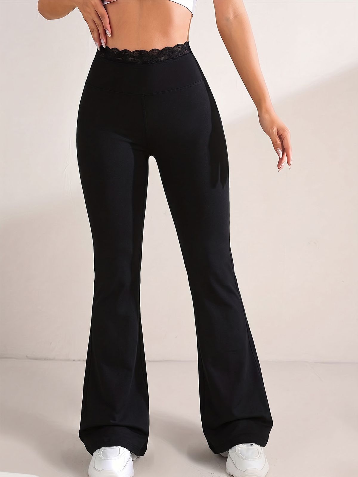 Women's High-Waisted Lace Waist Flared Yoga Pants Elastic Sports Denim Style_mkmklike.com