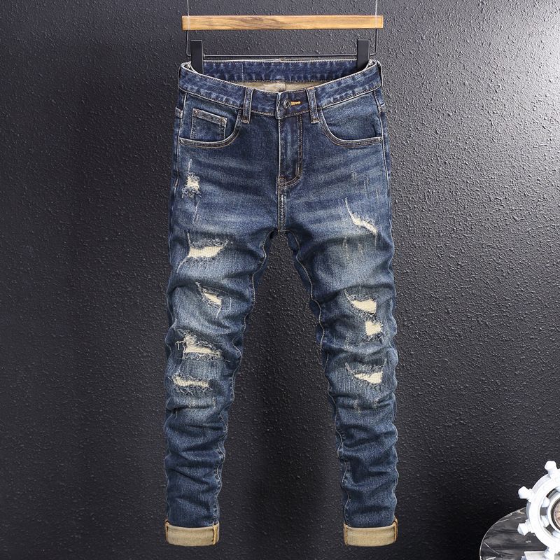 Men's Clothing Men's Retro Slim Fit Jeans Blue Washed Ripped Patched High Street Fashion Trendy Denim Trousers_mkmklike.com