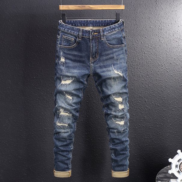 Men's Clothing Men's Retro Slim Fit Jeans Blue Washed Ripped Patched High Street Fashion Trendy Denim Trousers_mkmklike.com