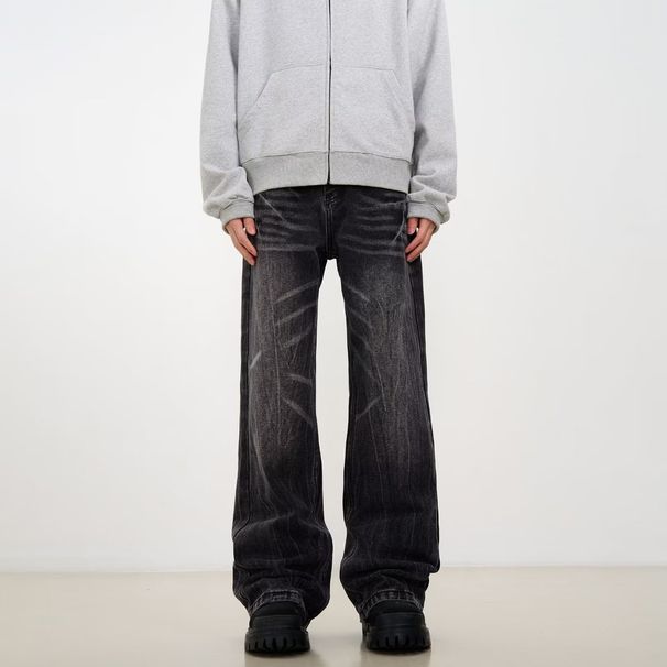 Suitable For All Seasons American Washed Vintage Distressed Fashion Jeans For Men Spring Autumn Straight Loose High Street Vibe Style Long_mkmklike.com