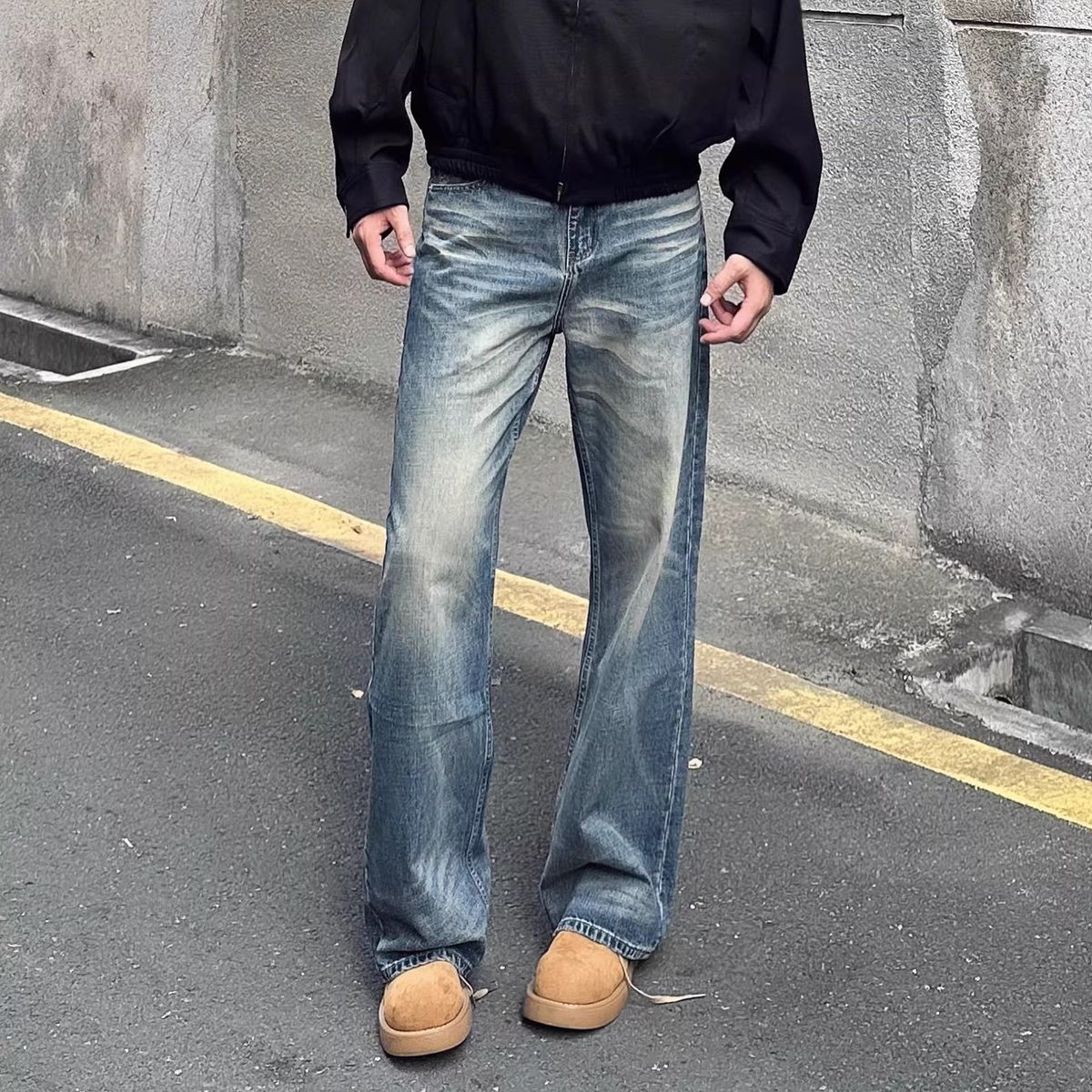 Men's American Retro Washed Straight Leg Jeans Loose Fit High Street Casual Pants Blue mid Waist Zipper Fly Slight Stretch_mkmklike.com