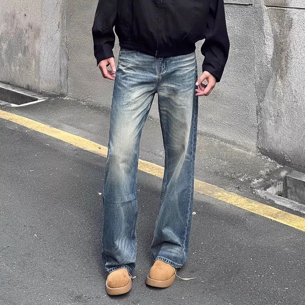 Men's American Retro Washed Straight Leg Jeans Loose Fit High Street Casual Pants Blue mid Waist Zipper Fly Slight Stretch_mkmklike.com
