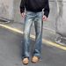 Men's American Retro Washed Straight Leg Jeans Loose Fit High Street Casual Pants Blue mid Waist Zipper Fly Slight Stretch_mkmklike.com