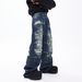 Trendy Distressed Ice-Wash Jeans – Relaxed Straight Fit With Stretch Waist & Hand-Painted Details_mkmklike.com