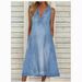 ELLE European And American Summer New Solid Color Sleeveless V-Neck Casual Denim Dress_mkmklike.com