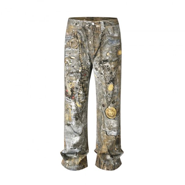 Men's High Street Style Washed Loose Wide Leg Digital Print Jeans With Wide Leg Design_mkmklike.com