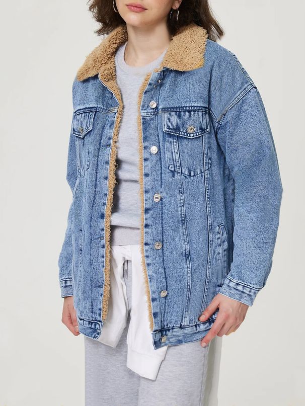 "Women's Fleece-Lined Denim Jacket - Oversized Winter Coat, Cotton Blend With Sherpa Collar, Streetwear Essential For Cold Weather"_mkmklike.com