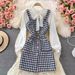 Women's temperament bow tie shirt two-piece suit tweed plaid suspender dress_mkmklike.com