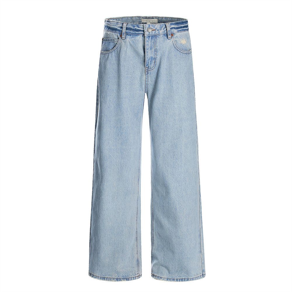 Light Washed Faded Denim Straight-Leg Pants Street Style Punk Men's Distressed Casual Loose Wide-Leg Trousers_mkmklike.com