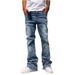 HME Men's Fleece Lined Thickened Jeans Slim Fit Frayed Hem High Street Style Slightly Flared Pants European American Cross Border_mkmklike.com