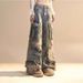 Street Style Design Graffiti Multi-Pocket Blue Wide-Leg Jeans Unisex Retro Washed Straight Work Pants_mkmklike.com