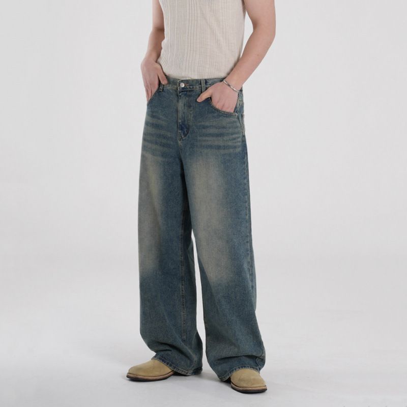 MYQ Washed Straight Jeans Men Summer Loose Vintage Long Korean Commuter Style Wide Leg Pants_mkmklike.com
