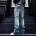 Men's Clothing Men's Trendy Loose Wide Leg Pants Retro Washed Distressed Gray Splatter Paint Curved Blade Jeans_mkmklike.com