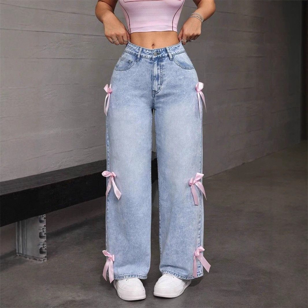 Women's Clothing Straight Leg Jeans High Waist Straight Leg Butterfly Jeans - Classic Denim Pants With Bow Detail In Dark Blue & Light Blue_mkmklike.com
