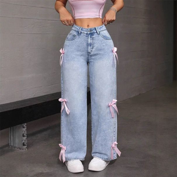 Women's Clothing Straight Leg Jeans High Waist Straight Leg Butterfly Jeans - Classic Denim Pants With Bow Detail In Dark Blue & Light Blue_mkmklike.com
