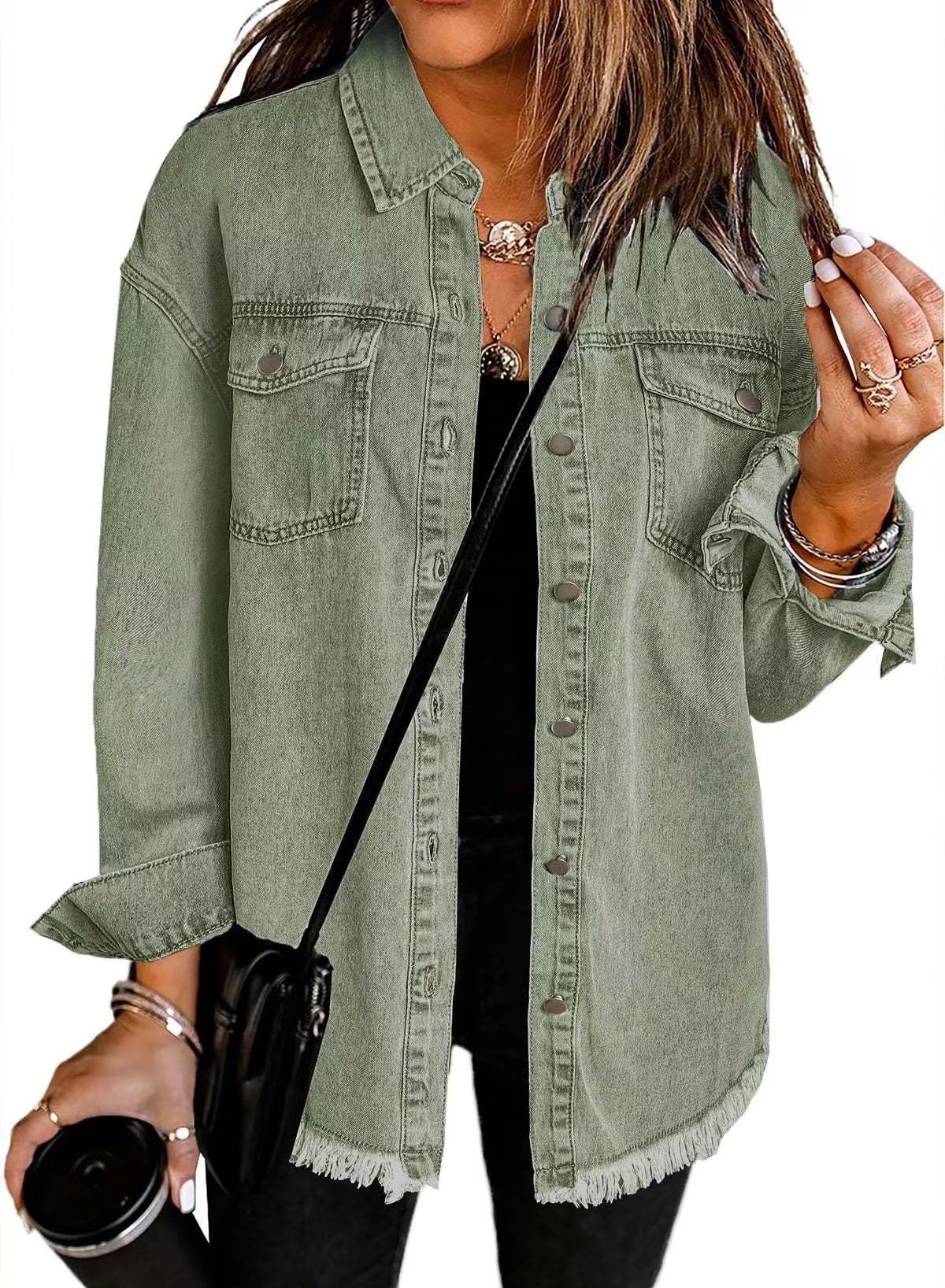 Women's Distressed Denim Shirt Jacket - Oversized Streetwear Style With Raw Hem Detail (15 Colors, S-2XL)_mkmklike.com