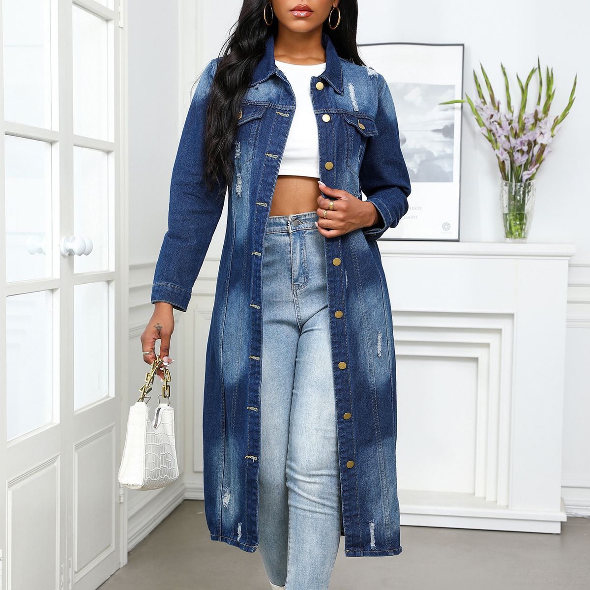Distressed Washed Denim Jacket For Women - Oversized Vintage Cowboy Coat With Frayed Details & Long Length (S-XXL, Dark Blue)_mkmklike.com
