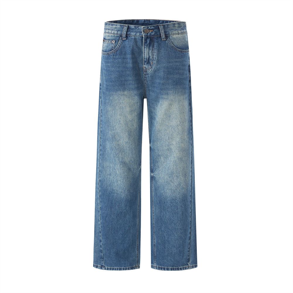 Washed White Denim Straight-Leg Men's American Street Style Basic Versatile Casual Loose Pants_mkmklike.com