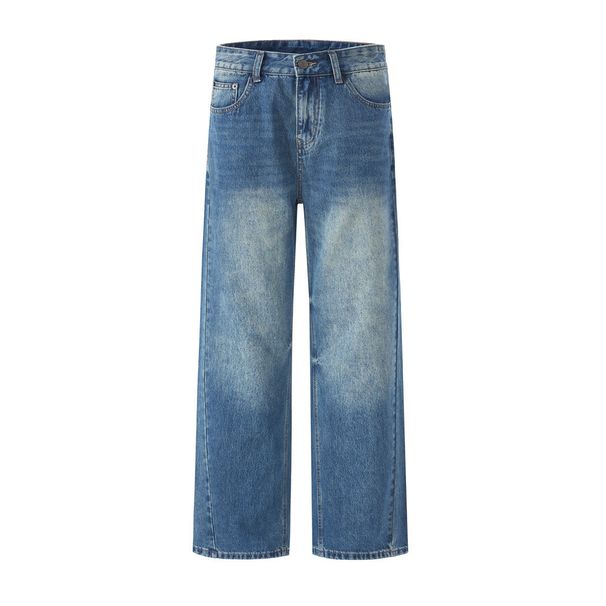 Washed White Denim Straight-Leg Men's American Street Style Basic Versatile Casual Loose Pants_mkmklike.com