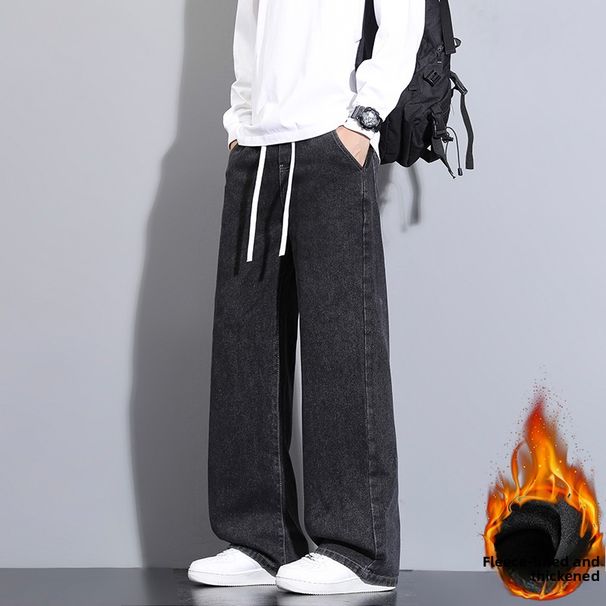 Fleece Straight Jeans Men's Beauty High Street Wide-leg Pants Casual Long Pants Men_mkmklike.com