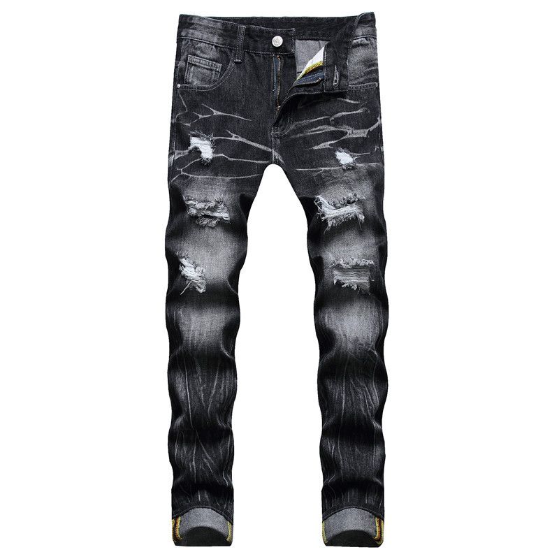 Jeans Street Style Flower Stitched Ripped Straight Tube Denim_mkmklike.com