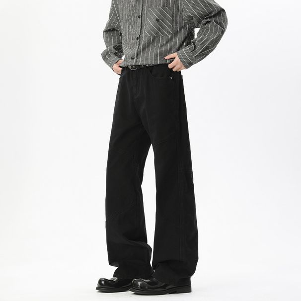 American-style High Street Men's Jeans, Autumn Trendy Patchwork Micro-flared Work Pants, Vintage Versatile Solid Color_mkmklike.com