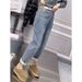 Plus Size Fleece-Lined Thickened Stretch Straight-Leg Jeans For Women Winter Loose Slimming High-Waisted Dad Harem_mkmklike.com