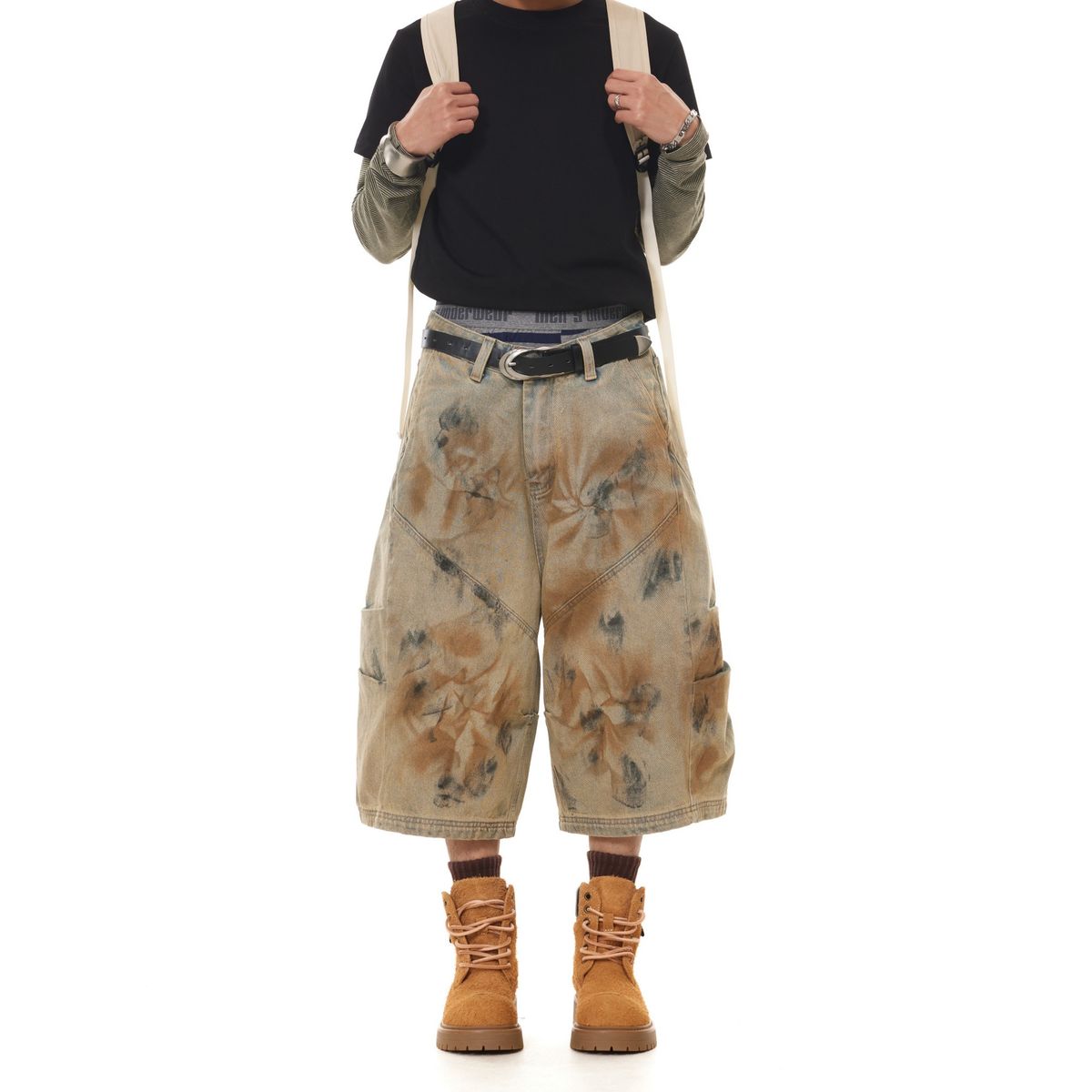 Men's Clothing Street Style Old Dirty Dyed Pleated Scimitar Denim Shorts Men's American Retro Wide Leg Cropped Pants Trend_mkmklike.com