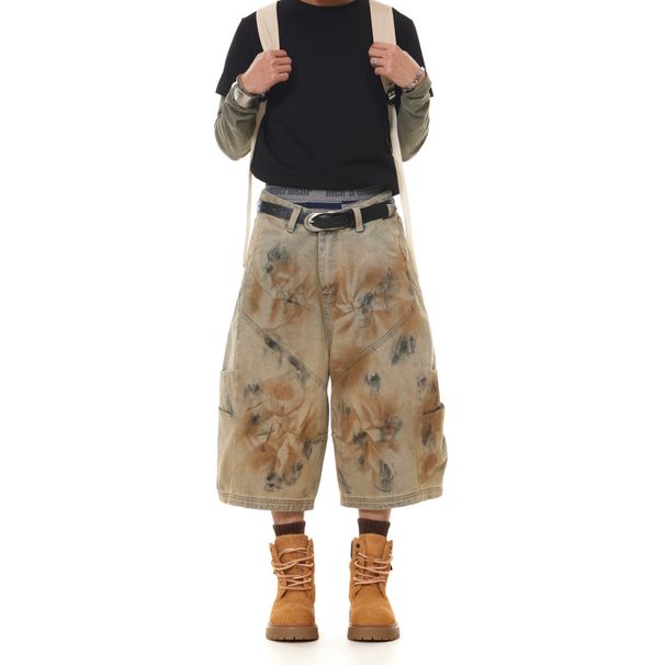 Men's Clothing Street Style Old Dirty Dyed Pleated Scimitar Denim Shorts Men's American Retro Wide Leg Cropped Pants Trend_mkmklike.com