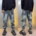 Light Blue Heavy Duty Jacquard Jeans For Men Slim Fit Elastic Waist Trendy Autumn Winter New_mkmklike.com