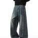 Men's High Street Wide Leg Jeans - Vintage Washed Loose Fit Straight Denim Pants With Dropped Hem (Retro Blue/Blue/Black)_mkmklike.com