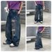 Men's Clothing Unisex Retro Style Faux Ripped Jeans Loose Fit Straight Leg Bronze Gray Washed Trendy Graffiti Design Casual Pants_mkmklike.com