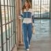 Women's Trendy Patchwork Beaded Denim Two Piece Set Casual Wide Leg Suit Loose Fit_mkmklike.com