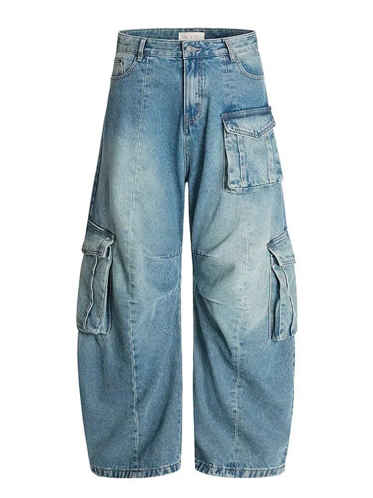Unisex Loose Casual Wide Leg Cargo Pants American High Street Style Washed Multi Pocket Curved Jeans Trendy_mkmklike.com