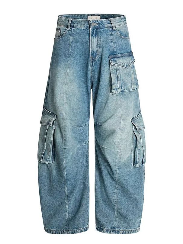 Unisex Loose Casual Wide Leg Cargo Pants American High Street Style Washed Multi Pocket Curved Jeans Trendy_mkmklike.com