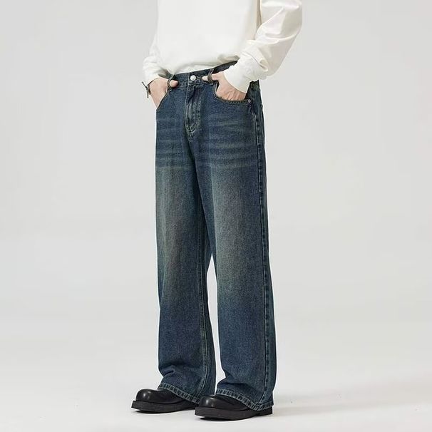 "Men's Loose Fit Washed Jeans – Korean Streetwear Straight Leg Denim Pants (Light Blue/Dark Blue/Black, S/M/L/XL/XXL/XXXL)"_mkmklike.com