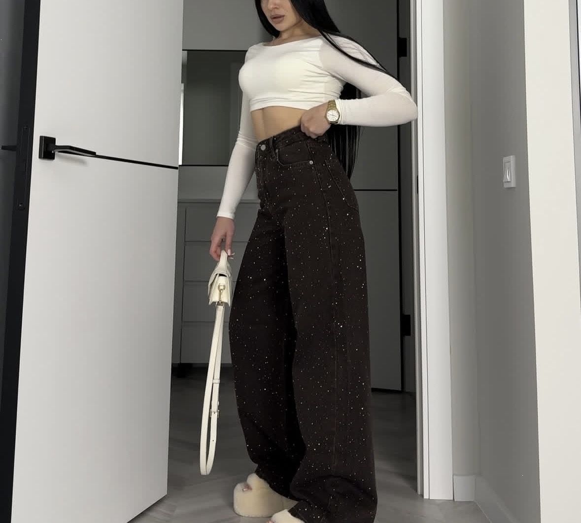 High Waisted Straight Leg Loose Wide Leg Rhinestone Jeans For Women Relaxed Everyday Wear Versatile Comfortable Feshion Trend_mkmklike.com
